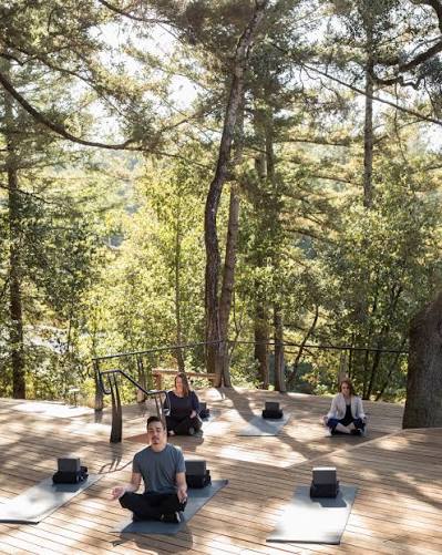 Yoga and meditation on a forest deck at 1440 Multiversity
